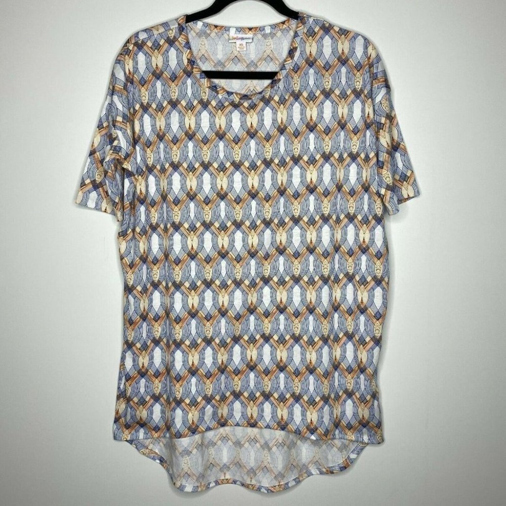 LulaRoe Women’s XS Short Sleeve HiLo Blue Orange Geometric Pattern Shirt